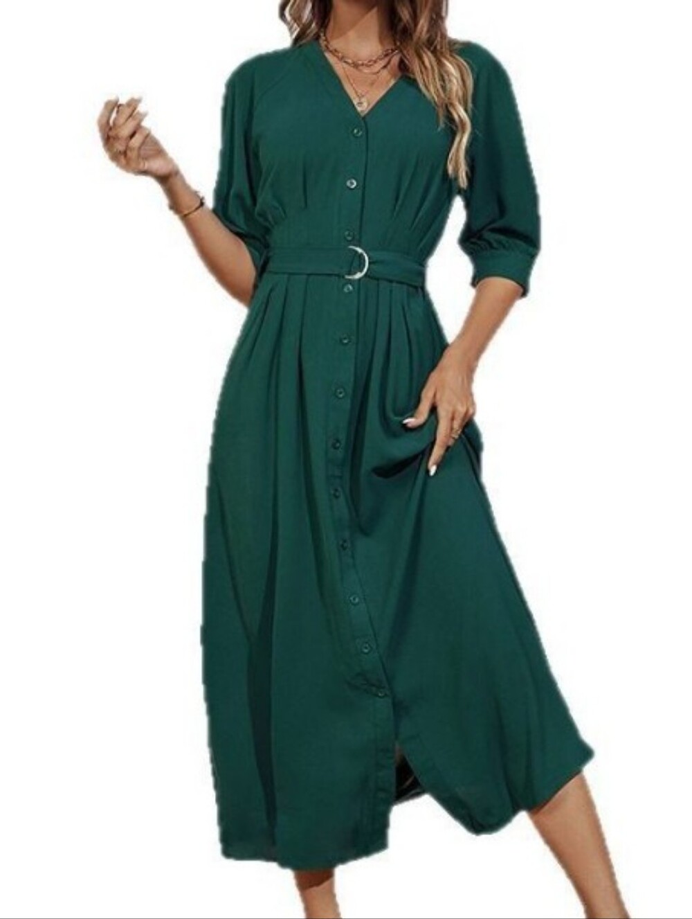 Button-Front Dark Green Midi Skirt with Belt
